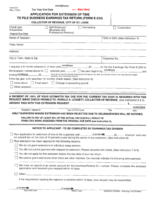 Fillable Form E-8 - Application For Extension Of Time To File Business Earnings Tax Return (Form E-234) - City Of St. Louis Printable pdf