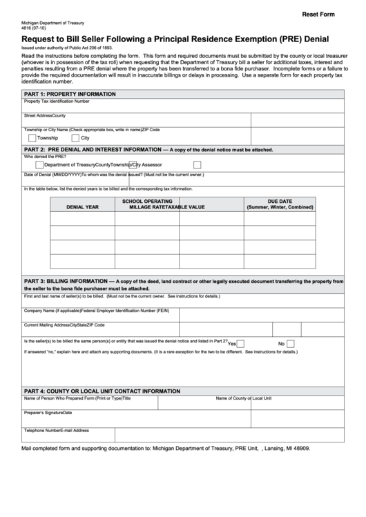 Fillable Form 4816 - Request To Bill Seller Following A Principal Residence Exemption (Pre) Denial - Michigan Department Of Treasury Printable pdf