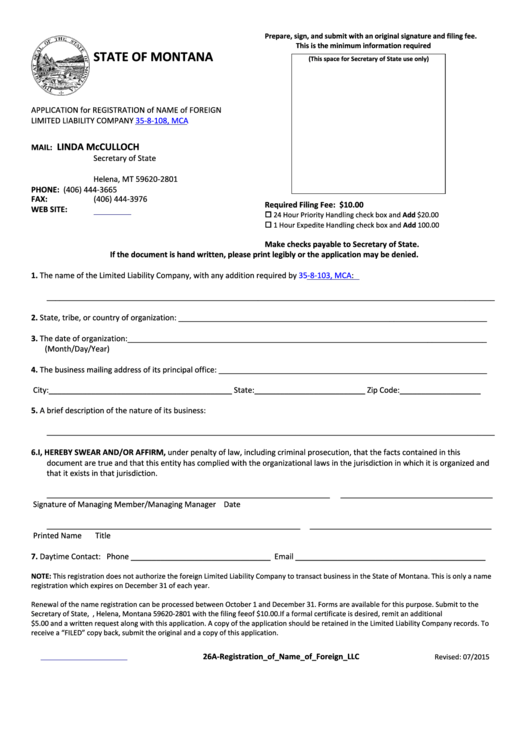 Fillable Form 26a - Application For Registration Of Name Of Foreign Limited Liability Company Printable pdf