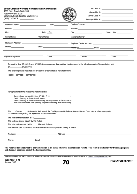 Fillable Wcc Form 70 - South Carolina Workers
