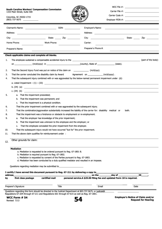 Fillable Wcc Form 54 - Employer