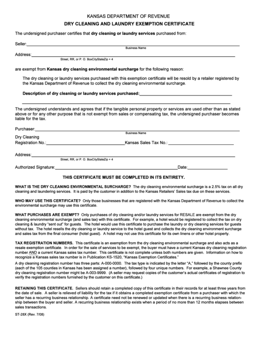 Form St-28x - Dry Cleaning And Laundry Exemption Certificate - Kansas Department Of Revenue Printable pdf
