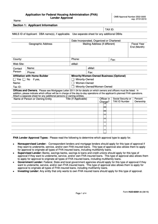Fillable Form Hud-92001-A - Application For Federal ...
