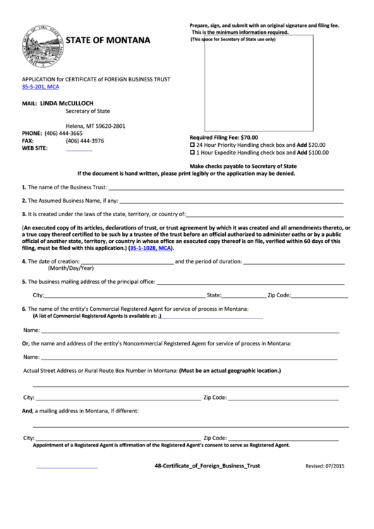 Fillable Form 48 - Application For Certificate Of Foreign Business Trust 35-5-201, Mca Printable pdf