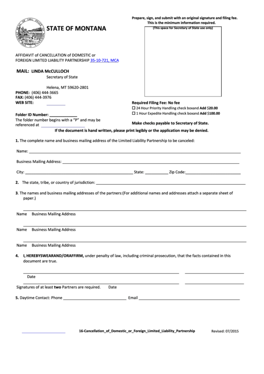 Fillable Form 16 - Affidavit Of Cancellation Of Domestic Or Foreign Limited Liability Partnership Printable pdf