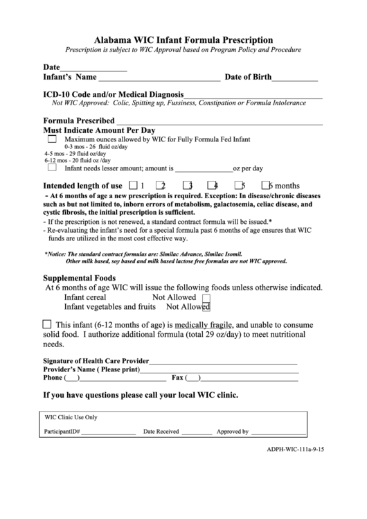 Fillable Form Adph-Wic-111a - Alabama Wic Infant Formula Prescription Printable pdf
