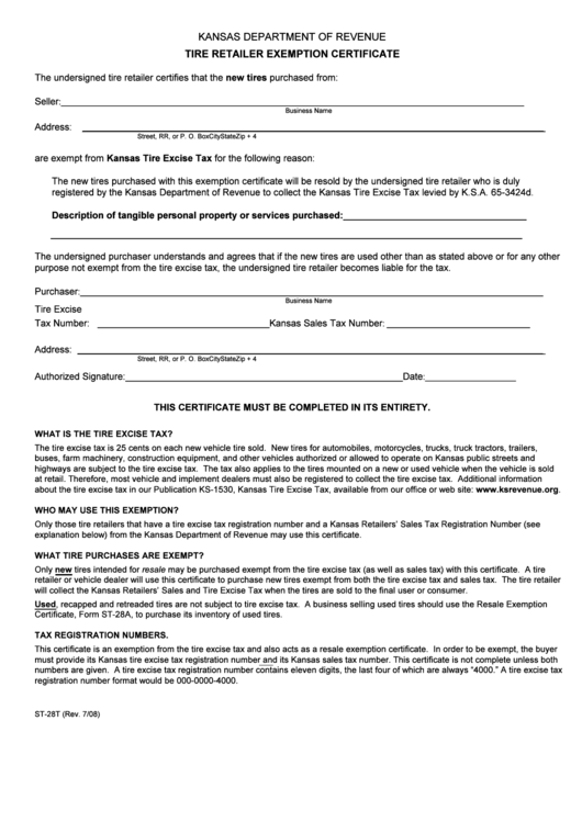 Form St-28t - Tire Retailer Exemption Certificate - Kansas Department Of Revenue Printable pdf
