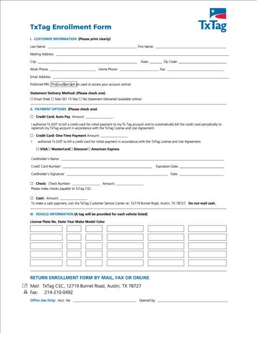 Fillable Txtag Enrollment Form Printable pdf