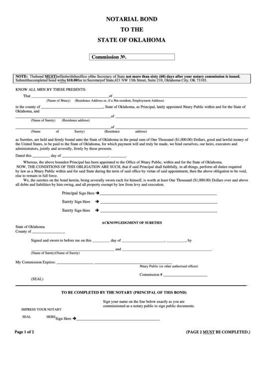 Fillable Notarial Bond To The State Of Oklahoma Form Printable pdf