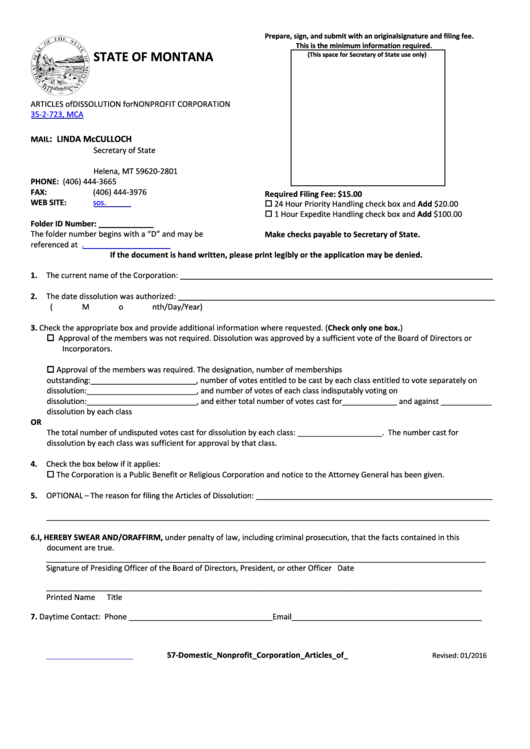 Fillable Form 57 - Articles Of Dissolution For Nonprofit Corporation Printable pdf