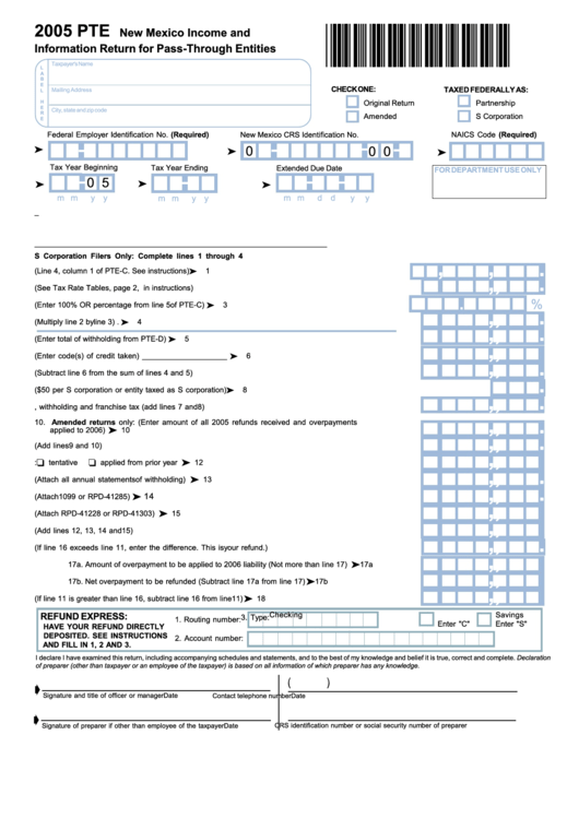 Form Pte - New Mexico Income And Information Return For Pass-Through Entities - 2005 Printable pdf