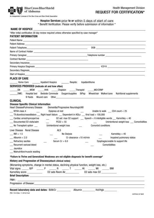 Form Pro-116-D - Bcbs Request For Certification Form Printable pdf