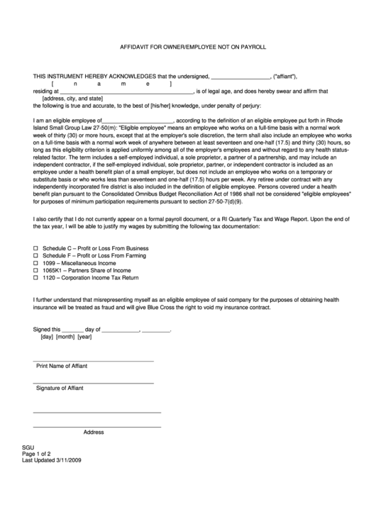 Affidavit For Owner/employee Not On Payroll Form Printable pdf