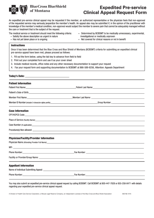 Fillable Expedited Pre-Service Clinical Appeal Form Printable pdf