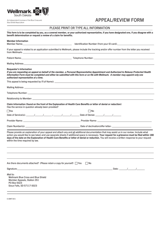 Appeal/review Form - Wellmark, South Dakota Printable pdf