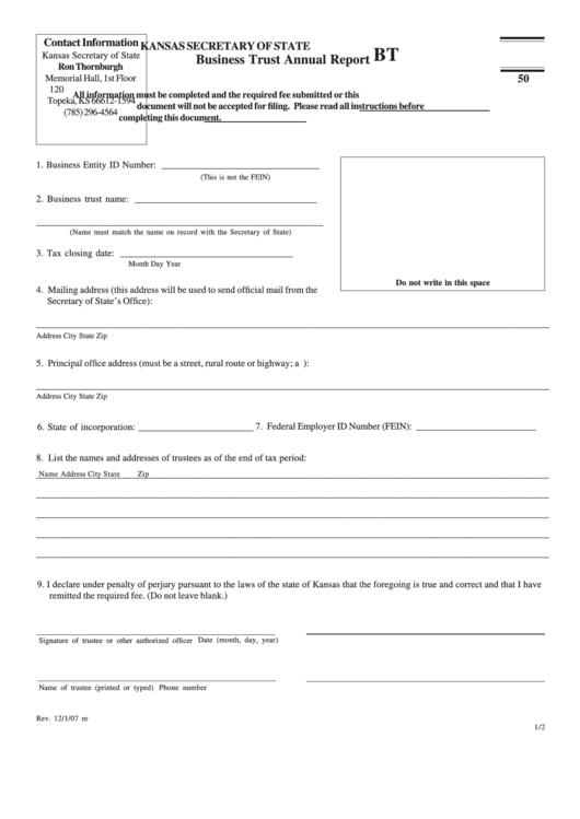 Form Bt 50 - Business Trust Annual Report - Kansas Secretary Of State Printable pdf