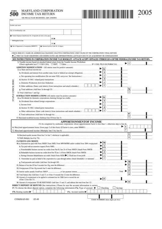 Fillable Form 500 - Maryland Corporation Income Tax Return - 2005 Printable pdf