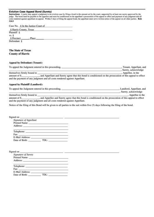 Eviction Case Appeal Bond Surety Form Texas Justice Court Printable 
