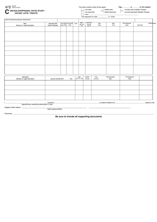 Form 50-205 - 2001 Sale/appraisal Ratio Study - Vacant Lots / Tracts Printable pdf