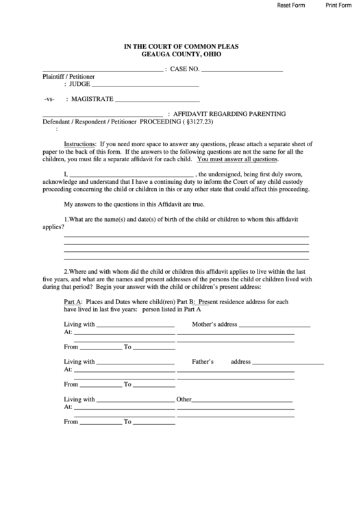 Fillable Affidavit Regarding Parenting Form - The Court Of Common Pleas - Geauga County - Ohio Printable pdf