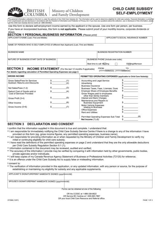 Form Cf2568 - Child Care Subsidy Self-Employment Form - Ministry Of Children And Family Development - British Columbia Printable pdf