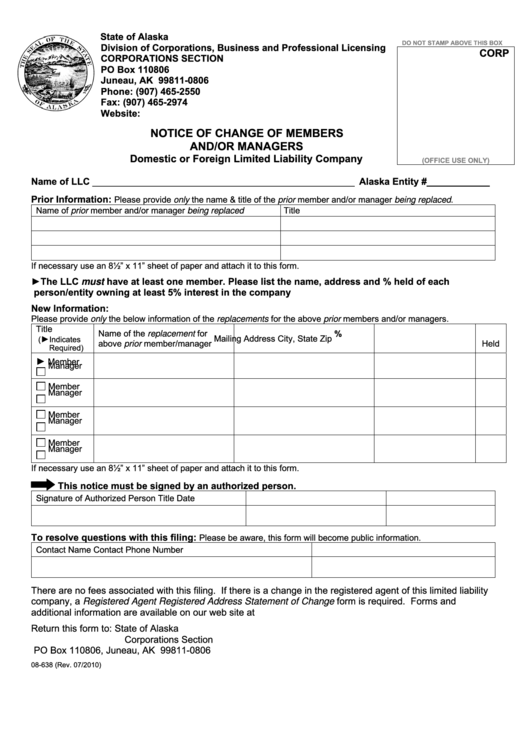 Fillable Form 08-638 - Notice Of Change Of Members And/or Managers - State Of Alaska Printable pdf
