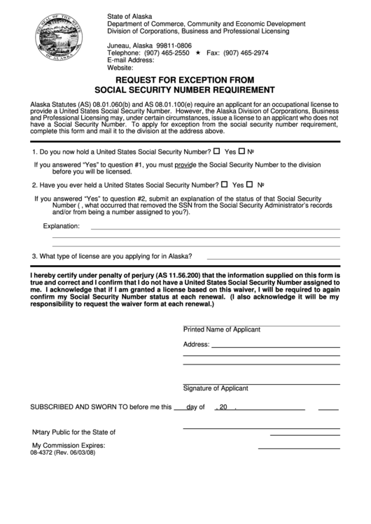 Fillable Form 08-4372 - Request For Exception From Social Security Number Requirement - State Of Alaska Printable pdf