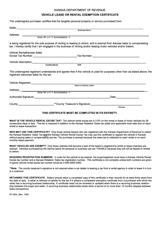 Form St-28vl - Vehicle Lease Or Rental Exemption Certificate - Kansas Department Of Revenue Printable pdf