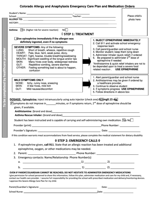 Colorado Allergy And Anaphylaxis Emergency Care Plan And Medication Orders Sheet