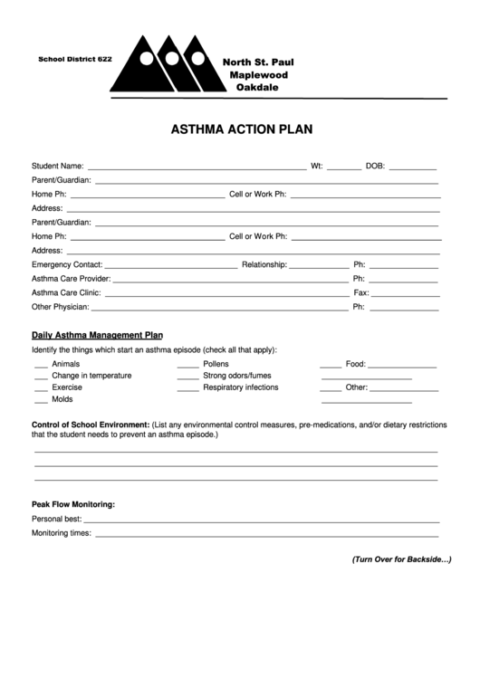 Asthma Action Plan Sheet - 2007 Printable pdf