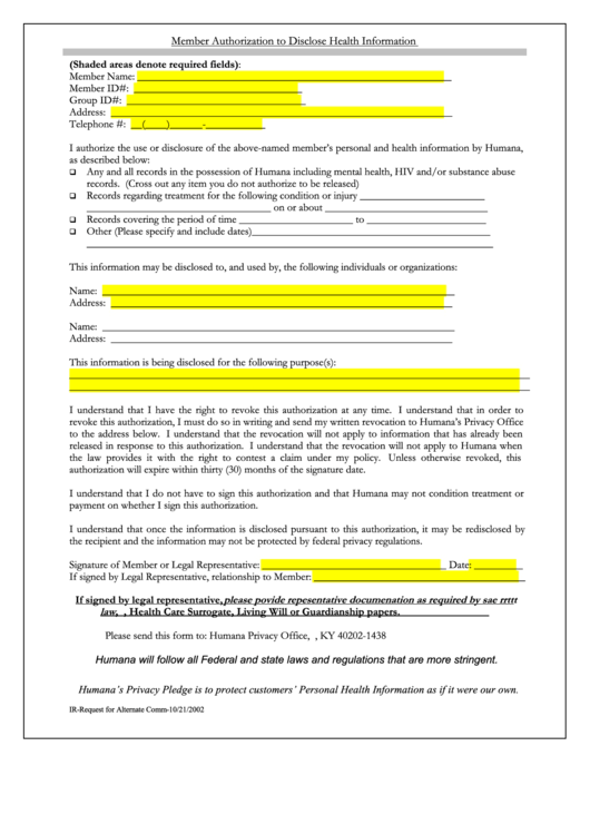 Member Authorization To Disclose Health Information Sheet Printable pdf