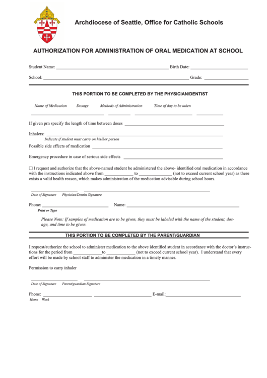 Fillable Student Authorization Sheet For Administration Of Oral Medications At School Printable pdf