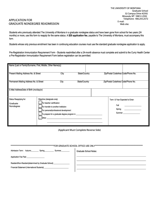 Fillable Application For Graduate Nondegree Readmission Form Printable pdf