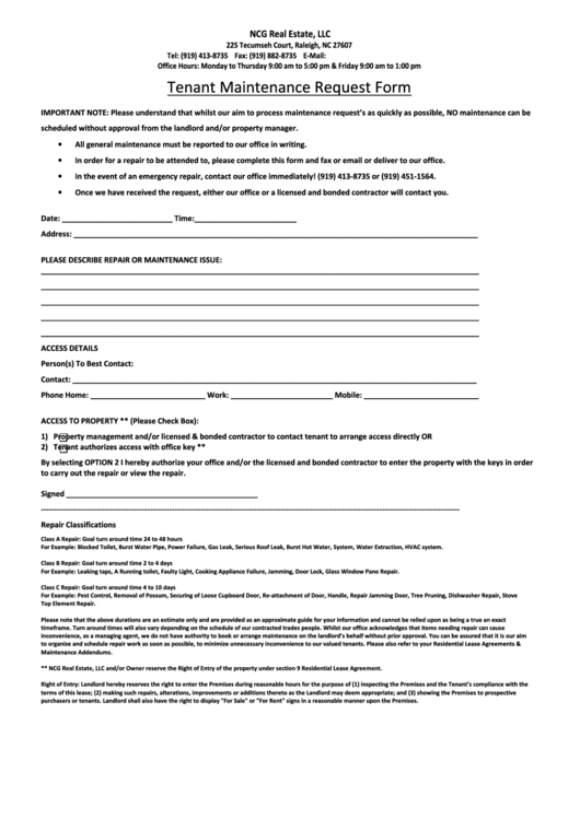 Tenant Maintenance Request Form - North Carolina Real Estate Printable pdf