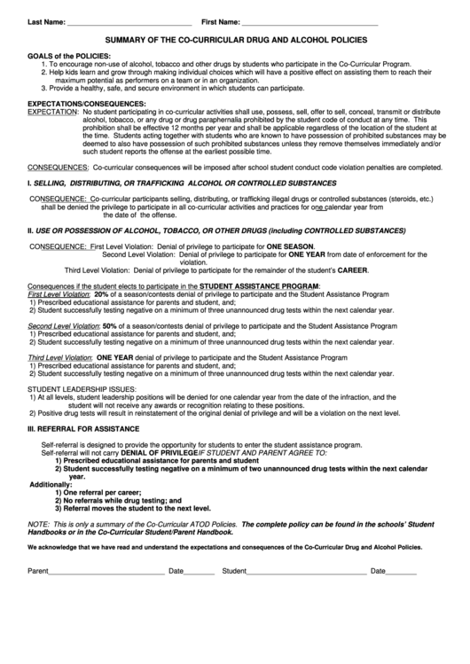 Summary Of The Co-Curricular Drug And Alcohol Policies Form - Worthington Schools & Ohio High School Athletic Association Printable pdf