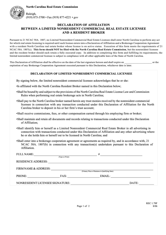 Fillable Form Rec 1.79 - Declaration Of Affiliation Of Limited Commercial License - North Carolina Real Estate Commission Printable pdf