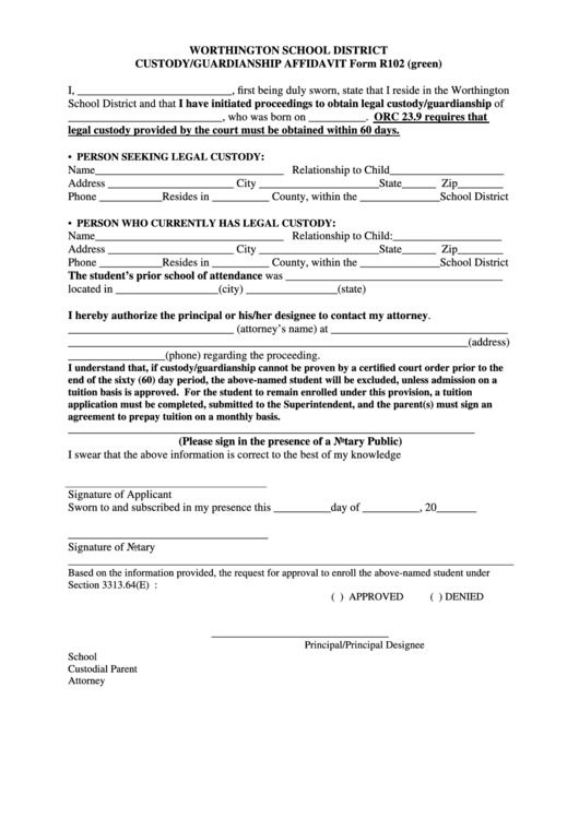 Form R102 - Custody/guardianship Affidavit Form - Worthington School District Printable pdf