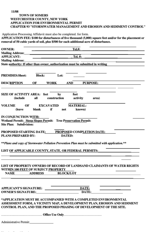 Application For Environmental Permit Chapter 93 "Stormwater Management And Erosion And Sediment Control" Form - Town Of Somers, Westchester County, New York Printable pdf