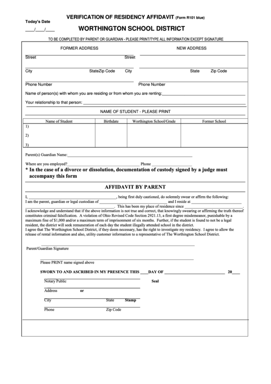 Form R101 - Residency Verification Affidavit Form - Worthington School District - Ohio Printable pdf