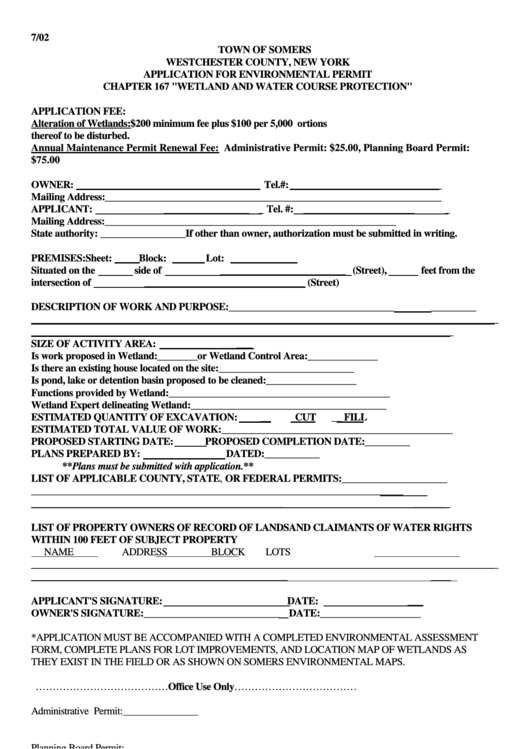 Application For Environmental Permit Chapter 167 "Wetland And Water Course Protection" Form - Town Of Somers, Westchester County, New York Printable pdf