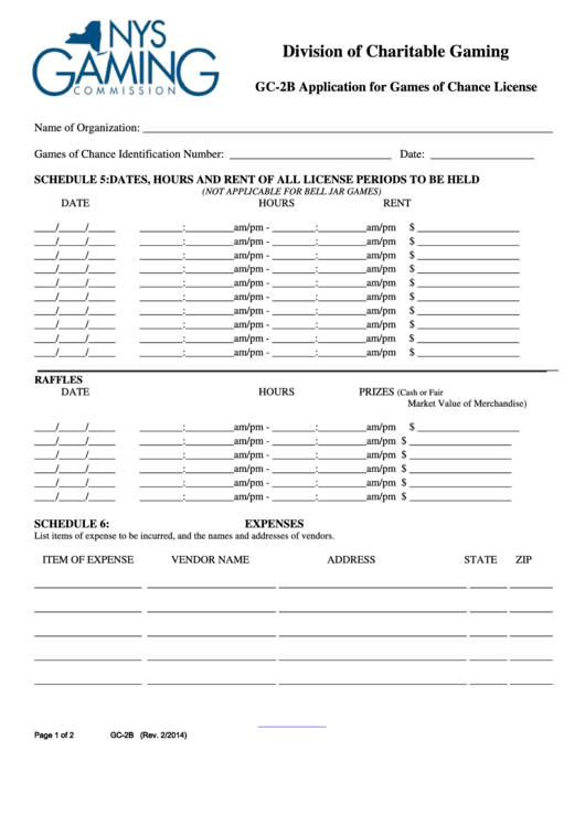Fillable Form Gc-2b - Application For Games Of Chance License - New York Division Of Charitable Gaming Printable pdf