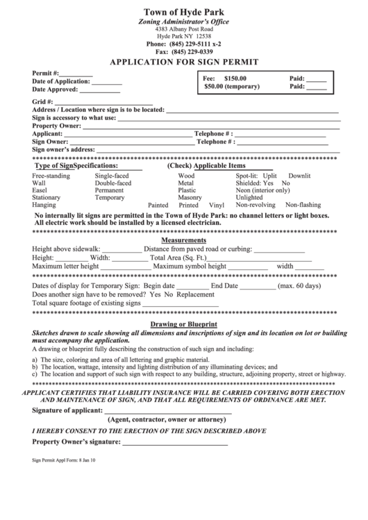 Fillable Application For Sign Permit Form - Town Of Hyde Park, New York Printable pdf