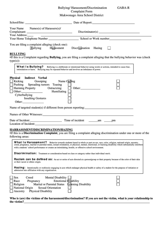 Fillable Form Gaba-R - Bullying/harassment/discrimination Complaint Form - Mukwonago Area School District Printable pdf