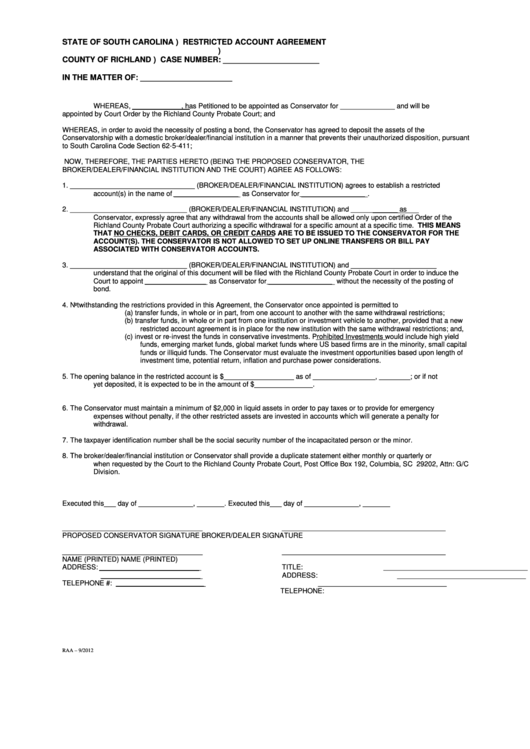 Restricted Account Agreement Form - South Carolina Printable pdf