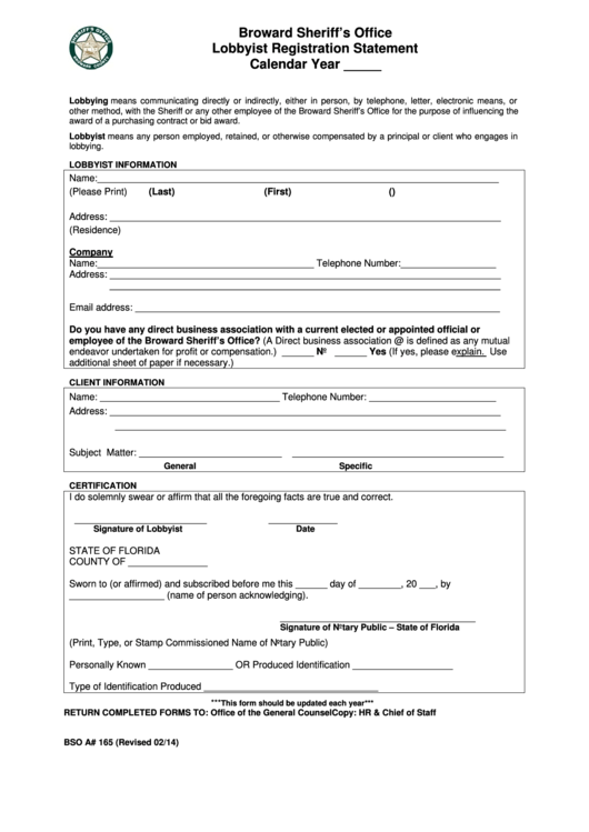 Fillable Form Bso A 165 - Lobbyist Registration Statement Form - Broward Sheriff