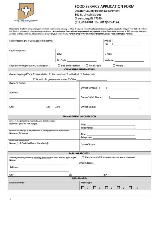 Fillable Food Service Application Form printable pdf download