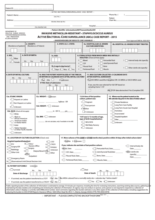 Invasive Methicillin-Resistant-Staphylococcus Aureus Active Bacterial Core Surveillance (Abcs) Case Report Form - 2015 Printable pdf