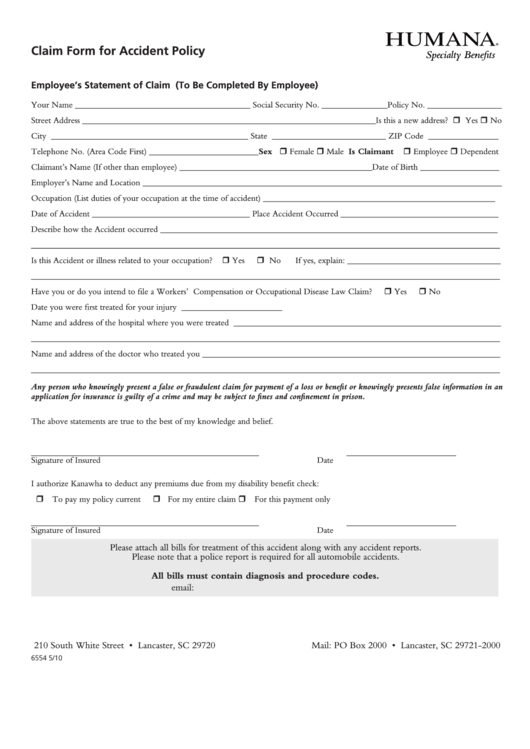 Form 6554 5/10 - Claim Form For Accident Policy Printable pdf