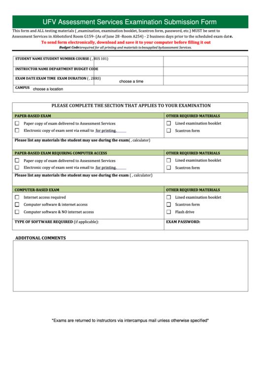 Fillable Ufv Assessment Services Examination Submission Form Printable pdf