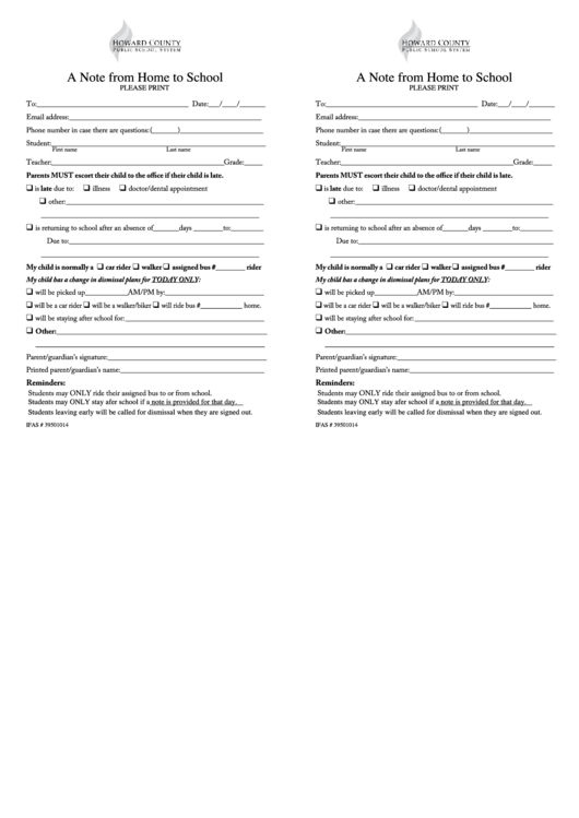 Note From Home To School Form - Howard County - Maryland Printable pdf